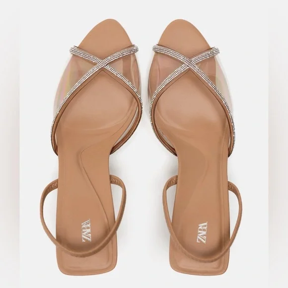 Zara Beige Rhinestone Heeled Vinyl Sandals - Picture 5 of 6